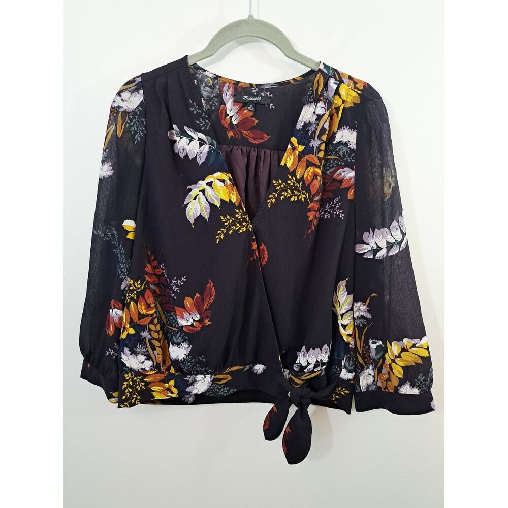Madewell Women's Deep Purple Floral Sheer Sleeves Wrap Top In Size Medium